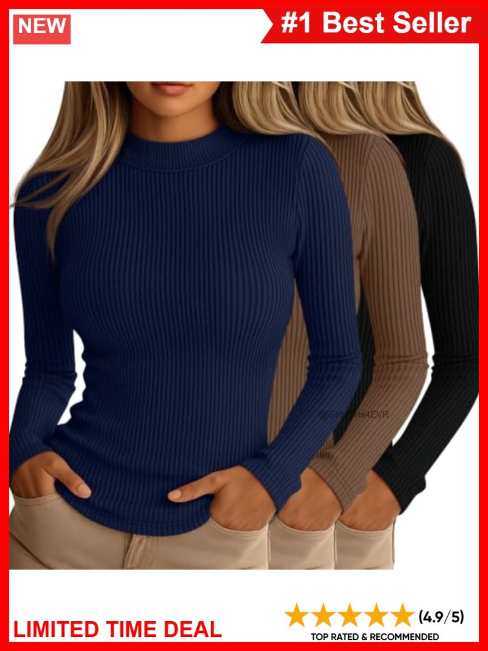 Women's Mock Neck Ribbed Long Sleeve Tops 3 Pack Stretch Fit Pullover